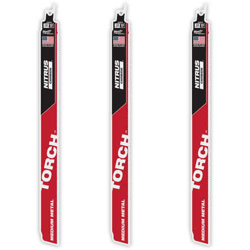 Milwaukee 48-00-6353 TORCH 3-Pack with NITRUS CARBIDE Teeth for Medium Metal, Carbide, 10 TPI, 12" L x 1" W
