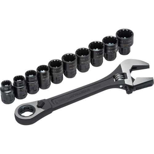 Crescent 037103283559 11-Piece Pass-Thru X6 Adjustable Wrench & Spline Socket Set, 13" L, 2-27/50" Max Width, Black Phosphate