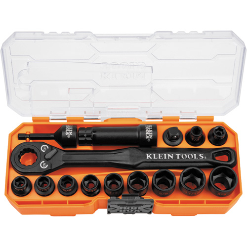 Klein Tools 65400KNECT Jeu de douilles &agrave; chocs ouvertes essentielles KNECT, 28 Mcx, Chocs, Prise de 3/8"