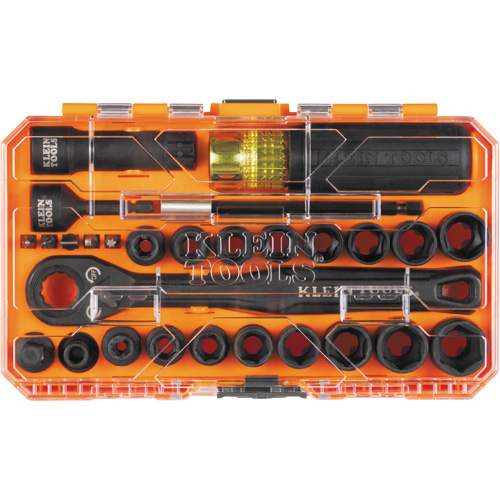 Klein Tools 65400KNECT Jeu de douilles &agrave; chocs ouvertes essentielles KNECT, 28 Mcx, Chocs, Prise de 3/8"
