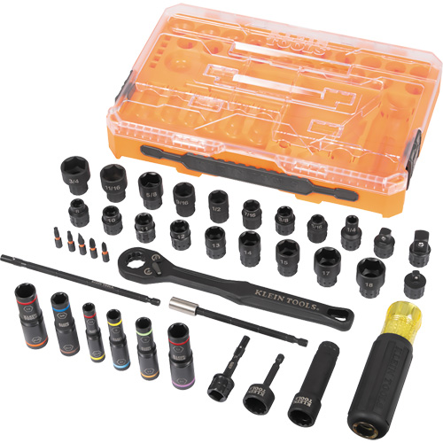 Klein Tools 65500KNECT Jeu complet de douilles &agrave; chocs ouvertes & basculantes KNECT, 39 Mcx, Chocs
