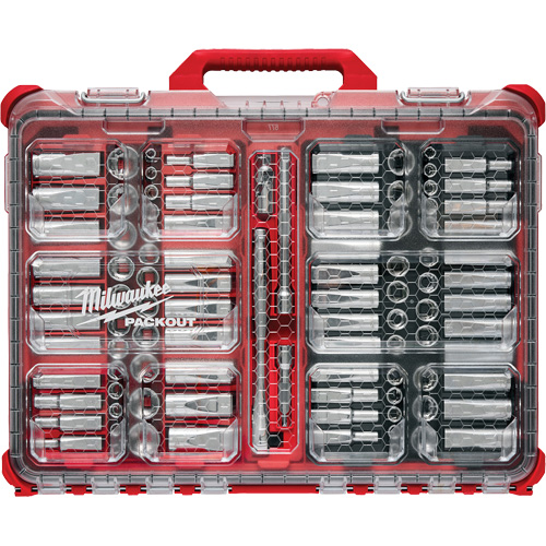 Milwaukee 48-22-9285 Metric/SAE Ratchet & Socket Set with PACKOUT Low-Profile Organizer, 98 Pcs, 3/8" Drive Size