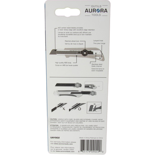 Outils Aurora UAY902 Couteau professionnel de 18 mm avec verrouillage &agrave; cliquet, Acier inoxydable, Robuste, Prise en Plastique