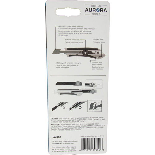 Outils Aurora UAY903 Couteau professionnel de 18 mm READYEDGE, Acier inoxydable, Robuste, Prise en Caoutchouc