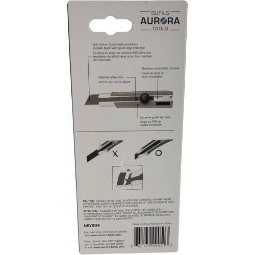 Outils Aurora UAY904 Couteau r&eacute;tractable de 25 mm, Acier inoxydable, Robuste, Prise en Caoutchouc