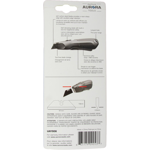 Aurora Tools UAY906 Retractable Safety Knife , Stainless Steel, Heavy-Duty, Plastic/Aluminum Handle