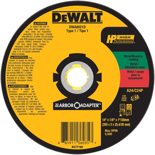 DEWALT DWA8021D Meule &agrave; tronçonner haute performance pour scies circulaires, 14" x Arbre de 1/8", Oxyde d'aluminium
