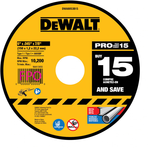 DEWALT DWA8053B15 Meule &agrave; tronçonner pour m&eacute;tal, 6" x 0,045", Arbre de 7/8", Type 1, Oxyde d'aluminium