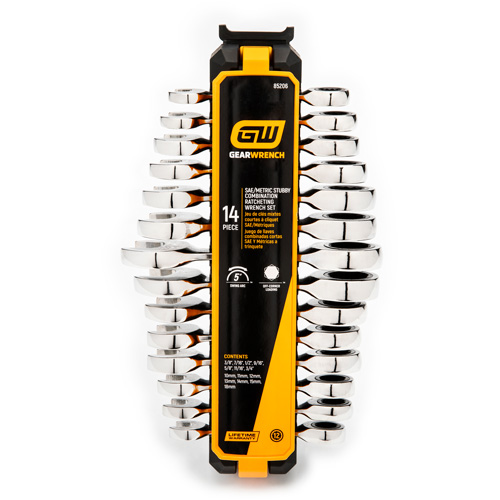Gearwrench 85206 Jeu de cl&eacute;s courtes &agrave; 12 pans et 72 dents, Combinaison &agrave; cliquet, 14 morceaux, Imp&eacute;rial et m&eacute;trique