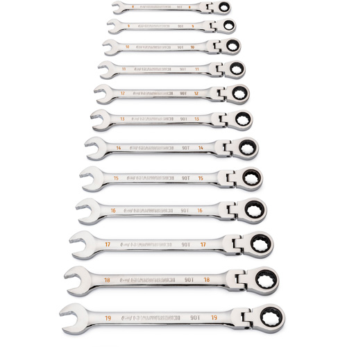 Gearwrench 86727 Jeu de cl&eacute;s &agrave; 12 pans et 90 dents, T&ecirc;te articul&eacute;e/Combinaison &agrave; cliquet, 12 morceaux, M&eacute;trique