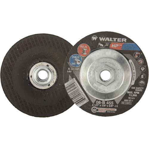Walter Surface Technologies 08B455 HP Grinding Wheel, 4-1/2" x 1/4", 5/8"-11 Arbor, Aluminum Oxide, Type 27