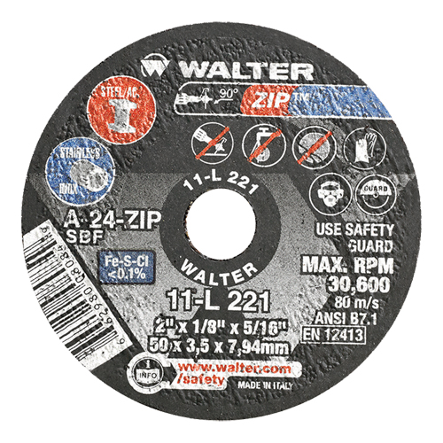 Walter Surface Technologies 11L213 Portable Small Diameter Reinforced Cut-Off Wheels - Zip, 2" x 1/16", 3/8" Arbor, Type 1, Aluminum Oxide, 31000 RPM