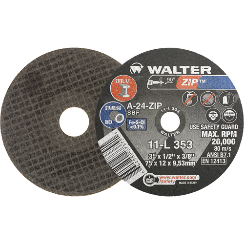 Walter Technologies Pour Surface 11L353 Meule &agrave; tronçonner Zip, 3" x 1/2", Arbre de 3/8", Type 1, Oxyde d'aluminium, 25470 Tr/min