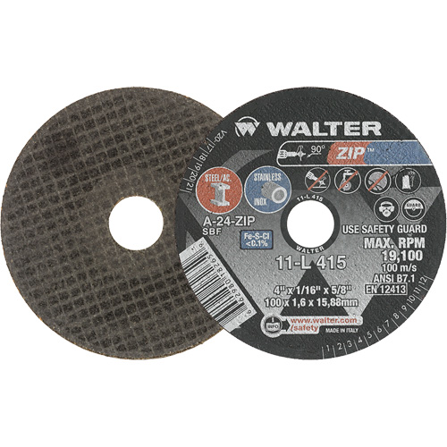Walter Technologies Pour Surface 11L415 Zip Cut-Off Wheel, 4" x 1/16", Arbre de 5/8", Type 1, Oxyde d'aluminium, 19100 Tr/min