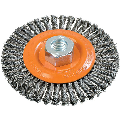 Walter Surface Technologies 13K454 Stringer Bead Knotted Wire Brush, 4-1/2" Dia., 0.02" Fill, 5/8"-11 Arbor, Steel