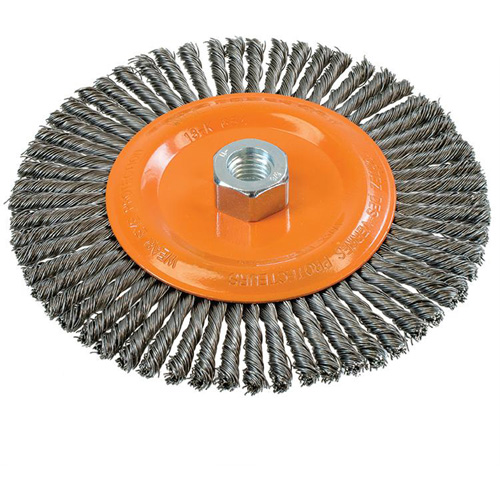 Walter Surface Technologies 13K654 Stringer Bead Knotted Wire Brush, 6-7/8" Dia., 0.02" Fill, 5/8"-11 Arbor, Steel