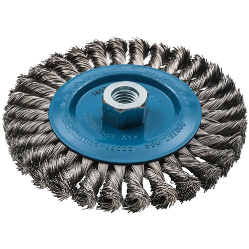 Walter Surface Technologies 13L614 Wide Knotted Wire Wheel Brush, 6" Dia., 0.02" Fill, 5/8"-11 Arbor, Aluminum/Stainless Steel