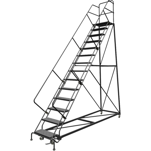 Tri-Arc Manufacturing KDEC114246 Safety Slope Rolling Ladder, 14 Steps, Perforated, 50° Incline, 140" High