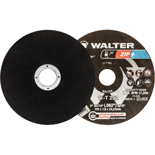 Walter Surface Technologies 11T252 Zip+ Right Angle Grinder Reinforced Cut-Off Wheels, 5" x 1/16", 7/8" Arbor, Type 1, Zirconia Alumina, 12200 RPM