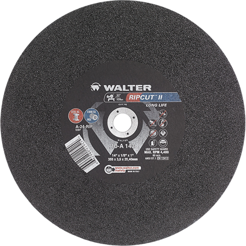 Walter Surface Technologies 10A143 Ripcut II High Performance Cut-Off Wheel for Stationary Saws, 14" x 1/8", 1" Arbor, Type 1, Aluminum Oxide, 4400 RPM