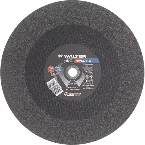 Walter Surface Technologies 10A183 Ripcut II High Performance Cut-Off Wheel for Stationary Saws, 18" x 3/16", 1" Arbor, Type 1, Aluminum Oxide, 3400 RPM