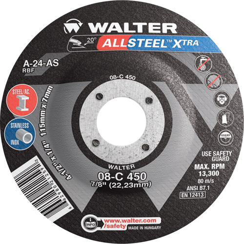 Walter Technologies Pour Surface 08C450 Meule &agrave; moyeu d&eacute;port&eacute; ALLSTEEL Xtra, 4-1/2" x 1/4", Arbre 7/8", Type 27