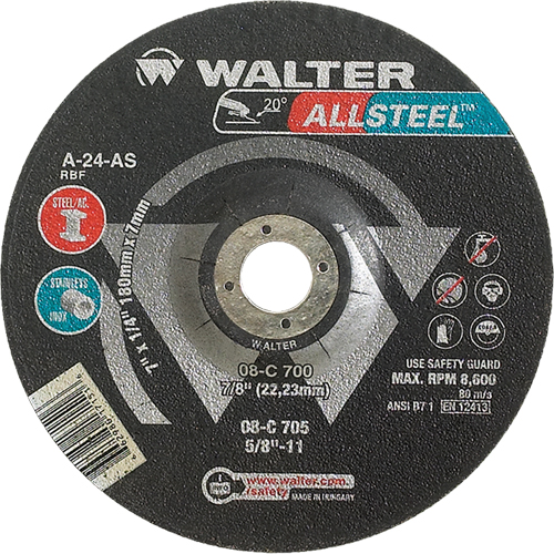 Walter Surface Technologies 08C452 Allsteel Xtra Depressed Centre Grinding Wheel, 4-1/2" x 1/8", 7/8" Arbor, Type 27