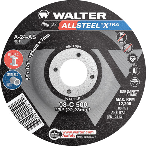 Walter Technologies Pour Surface 08C500 Meule &agrave; moyeu d&eacute;port&eacute; ALLSTEEL Xtra, 5" x 1/4", Arbre 7/8", Type 27