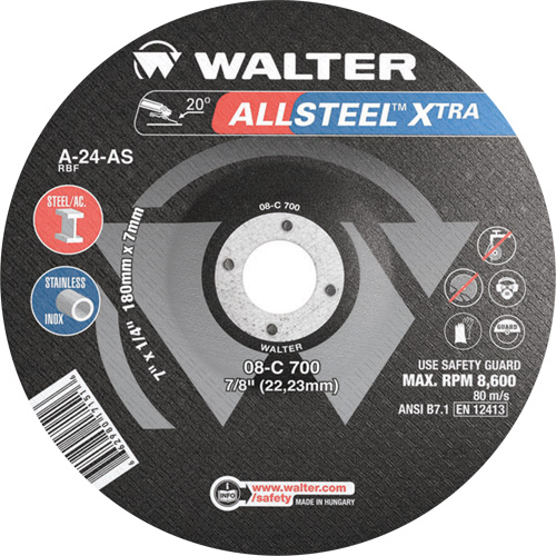 Walter Technologies Pour Surface 08C700 Meule &agrave; moyeu d&eacute;port&eacute; ALLSTEEL Xtra, 7" x 1/4", Arbre 7/8", Type 27