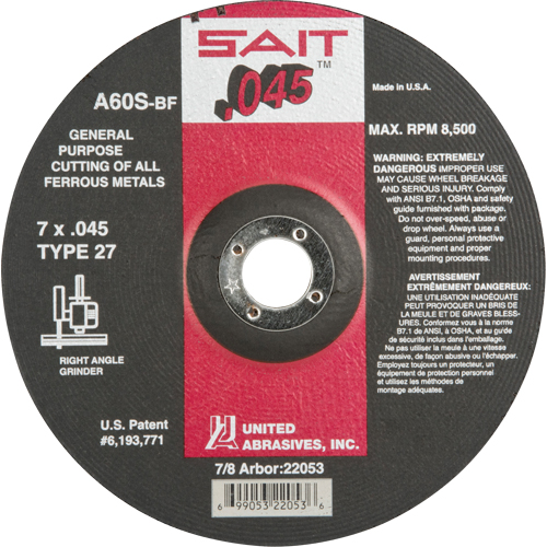 United Abrasives Inc. 22053 Depressed Center Cut-Off Wheel, 7" x 0.045", 7/8" Arbor, Type 27, Aluminum Oxide, 8500 RPM