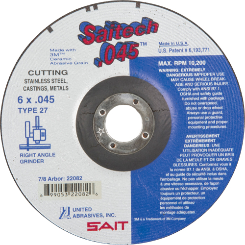 United Abrasives Inc. 22082 Meule &agrave; tronçonner, 6" x 0,045", Arbre de 7/8", Type 27, Oxyde d'aluminium/C&eacute;ramique, 10 200 Tr/min