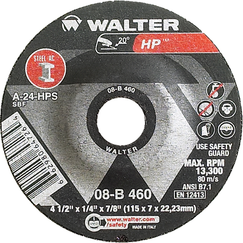 Walter Surface Technologies 08B460 HP Depressed Centre Grinding Wheel, 4-1/2" x 1/4", 7/8" Arbor, Type 27