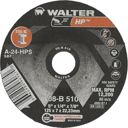 Walter Surface Technologies 08B510 HP Depressed Centre Grinding Wheel, 5" x 1/4", 7/8" Arbor, Type 27