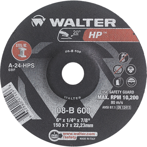 Walter Surface Technologies 08B710 HP Depressed Centre Grinding Wheel, 7" x 1/4", 7/8" Arbor, Type 27
