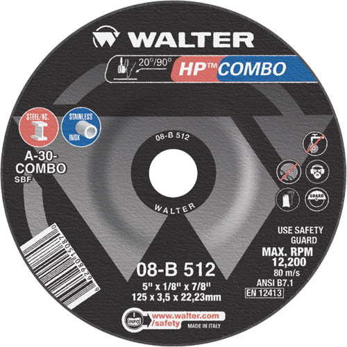 Walter Surface Technologies 08B512 HP Combo Depressed Center Combination Wheel, 5" x 1/8", 7/8" Arbor, Type 27