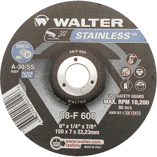 Walter Technologies Pour Surface 08F600 Meules &agrave; moyeu d&eacute;port&eacute; en acier inoxydable, 6" x 1/4", Arbre 7/8", Type 27