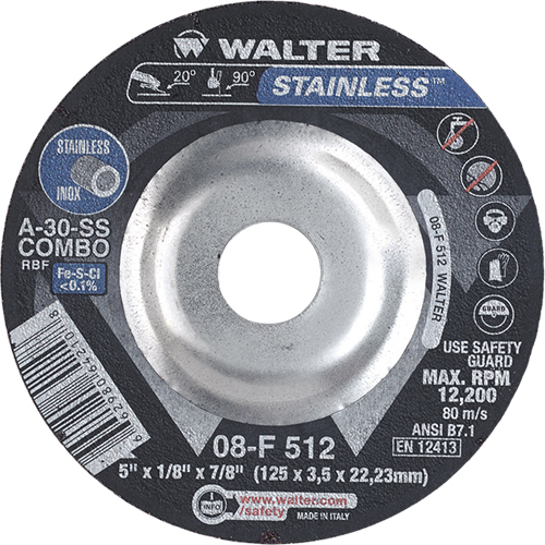 Walter Technologies Pour Surface 08F512 Meules &agrave; moyeu d&eacute;port&eacute; - Acier inoxydable type 27, 5" x 1/8", Arbre de 7/8", Type 27