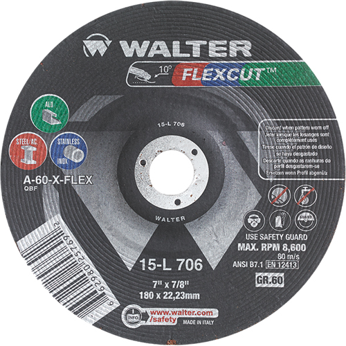 Walter Surface Technologies 15L706 Flexcut Depressed Centre Grinding Wheels, 7", 60 Grit, Aluminum Oxide, 7/8", 8600 RPM, Type 29