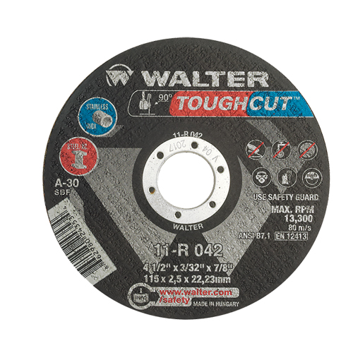 Walter Surface Technologies 11R042 Toughcut Reinforced Cut-Off Wheel, 4-1/2" x 3/32", 7/8" Arbor, Type 1, Aluminum Oxide, 13300 RPM