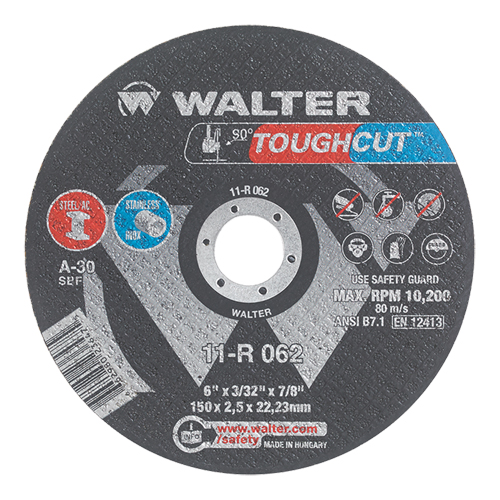 Walter Technologies Pour Surface 11R062 Meule &agrave; tronçonner renforc&eacute;e Toughcut, 6" x 3/32", Arbre de 7/8", Type 1, Oxyde d'aluminium, 10 200 Tr/min