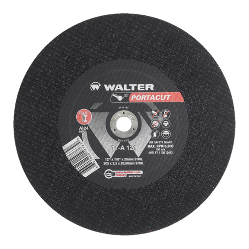 Walter Technologies Pour Surface 11A121 Meule &agrave; tronçonner rapide en acier inoxydable Portacut, 12" x 1/8", Arbre de 3/4", Type 1, Oxyde d'aluminium, 6300 Tr/min