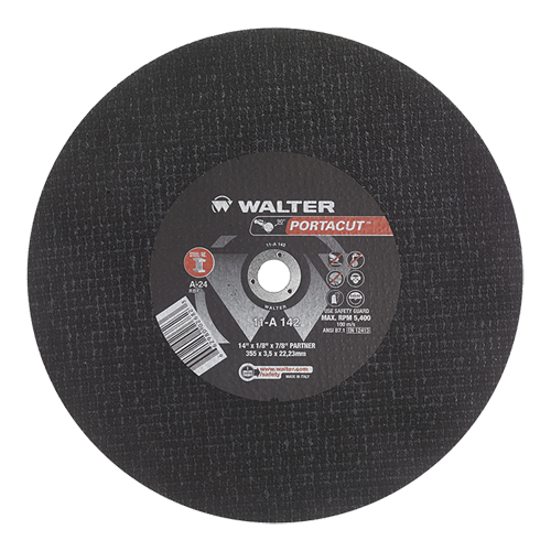 Walter Technologies Pour Surface 11A142 Meule &agrave; tronçonner rapide en acier inoxydable Portacut, 14" x 1/8", Arbre de 7/8", Type 1, Oxyde d'aluminium, 5400 Tr/min