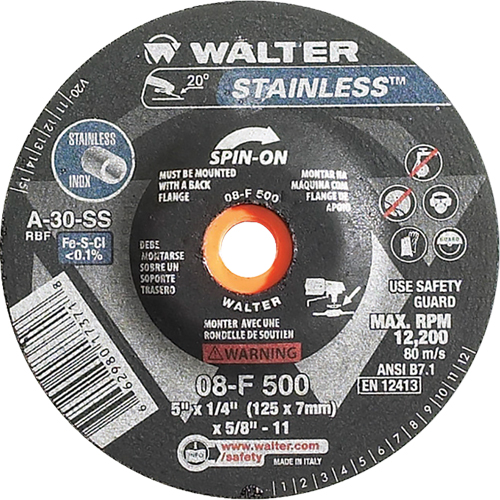 Walter Surface Technologies 08F500 Depressed Centre Grinding Wheels - Stainless Type 27, 5" x 1/4", 5/8"-11 Arbor, Type 27S