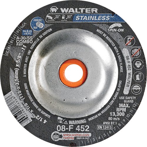Walter Technologies Pour Surface 08F452 Meules &agrave; moyeu d&eacute;port&eacute; - Acier inoxydable type 27, 4-1/2" x 1/8", Arbre de 5/8"-11, Type 27S