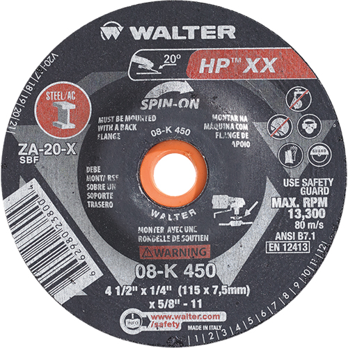 Walter Technologies Pour Surface 08K450 Meule &agrave; moyeu d&eacute;port&eacute; Double-X, 4-1/2" x 1/4", Arbre 5/8"-11, Type 27S