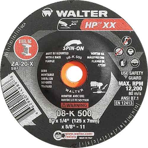 Walter Surface Technologies 08K500 Double-X Depressed Centre Grinding Wheel, 5" x 1/4", 5/8"-11 Arbor, Type 27S
