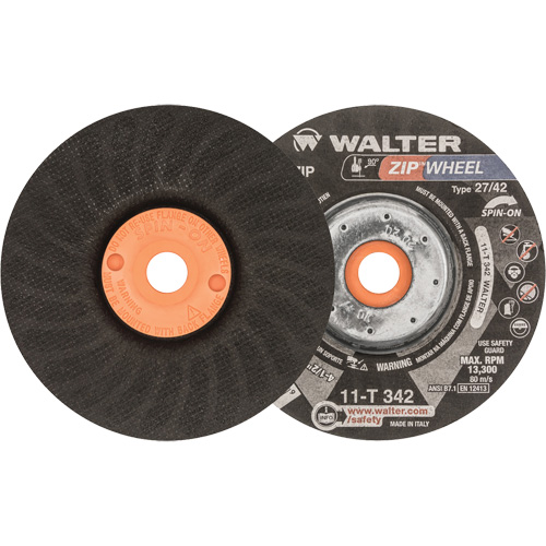 Walter Surface Technologies 11T342 Spin-On Zipcut Right Angle Grinder Reinforced Cut-Off Wheels, 4-1/2" x 7/8", 5/8"-11 Arbor, Type 27, Aluminum Oxide, 13300 RPM