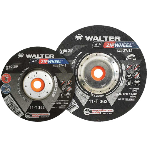 Walter Technologies Pour Surface 11T352 Meules &agrave; tronçonner renforc&eacute;es Zipcut vissables pour scies circulaires, 5" x 7/8", Arbre de 5/8"-11, Type 27, Oxyde d'aluminium, 12 200 Tr/min