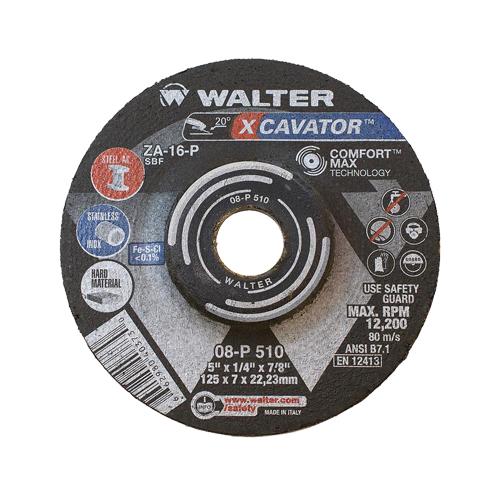 Walter Technologies Pour Surface 08P510 Meule XCAVATOR, 5" x 1/4", Arbre 7/8"/5/8"-11, Zirconium, Type 27
