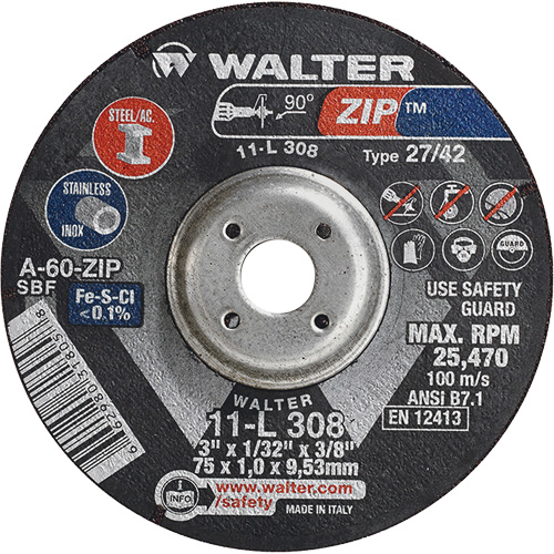 Walter Surface Technologies 11L308 Zip Cutting and Grinding Wheel, 3" x 1/13", 3/8" Arbor, Type 27, 60 Grit, Aluminum Oxide